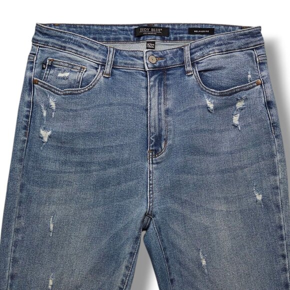 Judy Blue Relaxed Fit Jeans Womens 32 Distressed Fray Hem High Rise - Picture 2 of 12